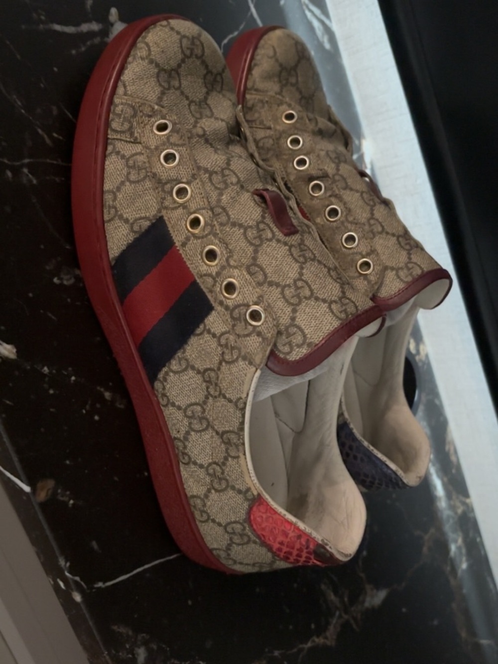 Gucci Monogram Slip-On Sneakers with Burgundy Trim - Picture 2 of 5